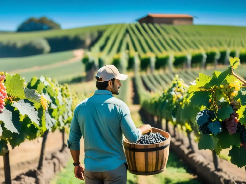 Un viñedo exuberante en Uruguay bajo un cielo azul, con uvas maduras listas para la cosecha