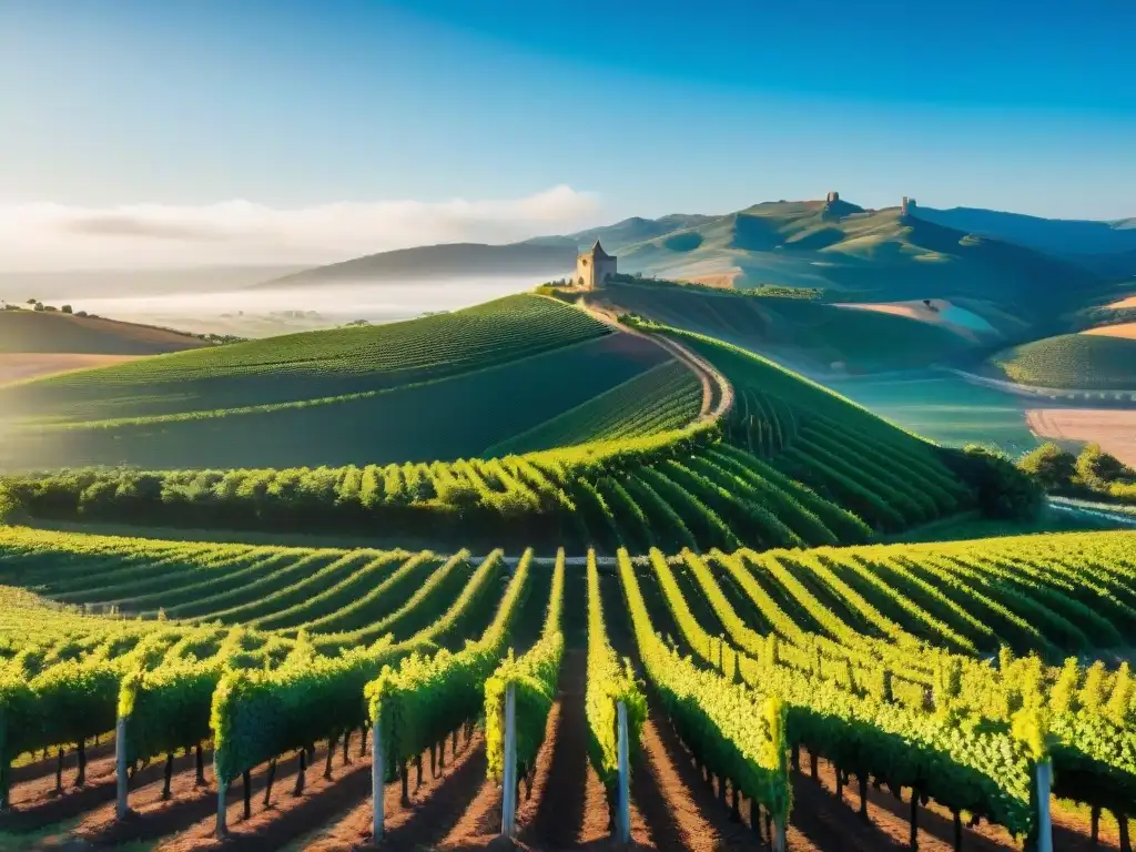 Un viñedo exuberante en Uruguay con experto viticultor cuidando las vides bajo cielo azul