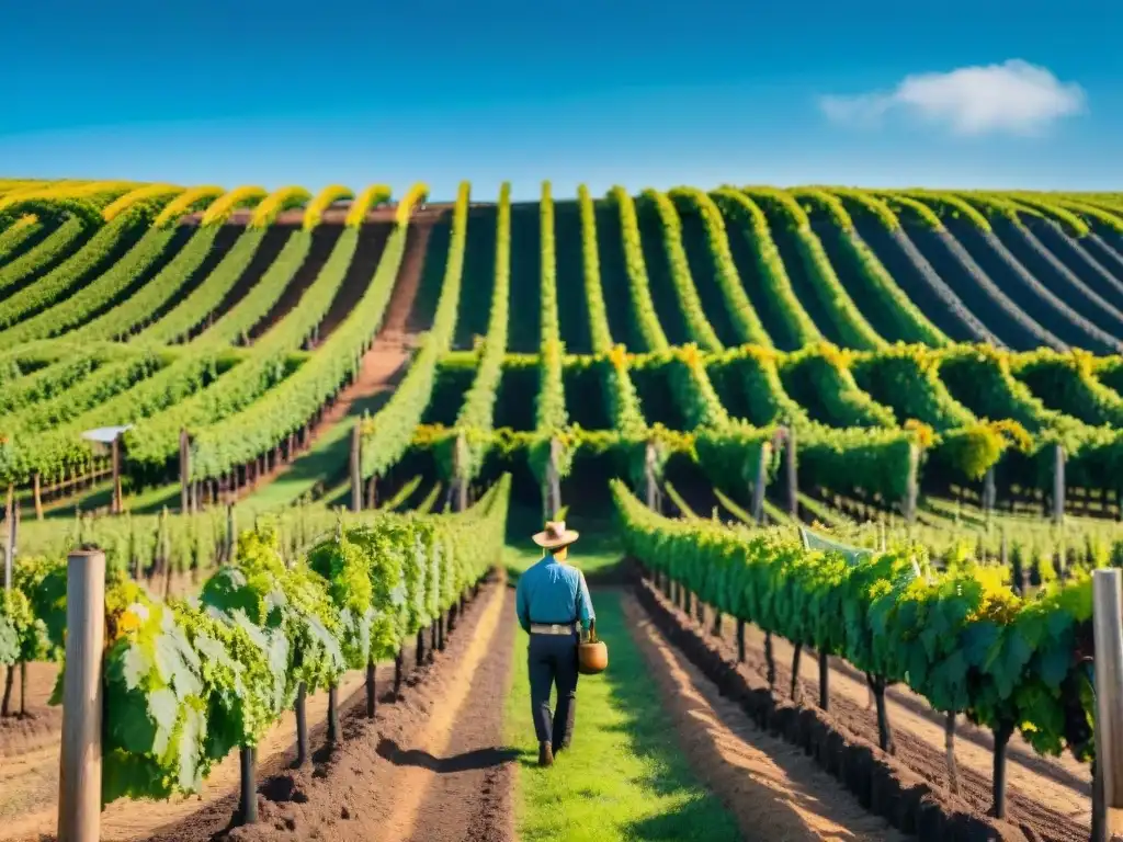 Un viñedo exuberante en Uruguay con filas de uvas bajo el cielo azul