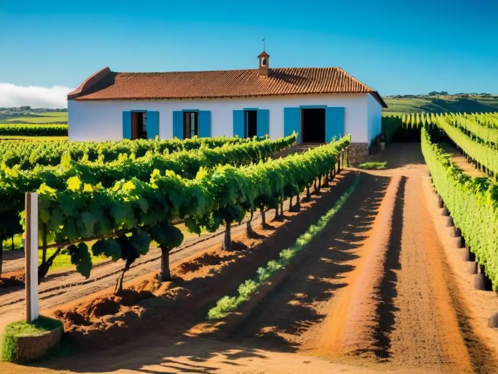 Viñedo exuberante en Uruguay con hileras de uvas verdes bajo el sol