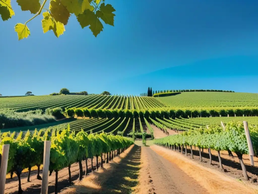 Un viñedo exuberante en Uruguay, con historia vinos uruguayos influencia europea, uvas y trabajadores bajo el sol