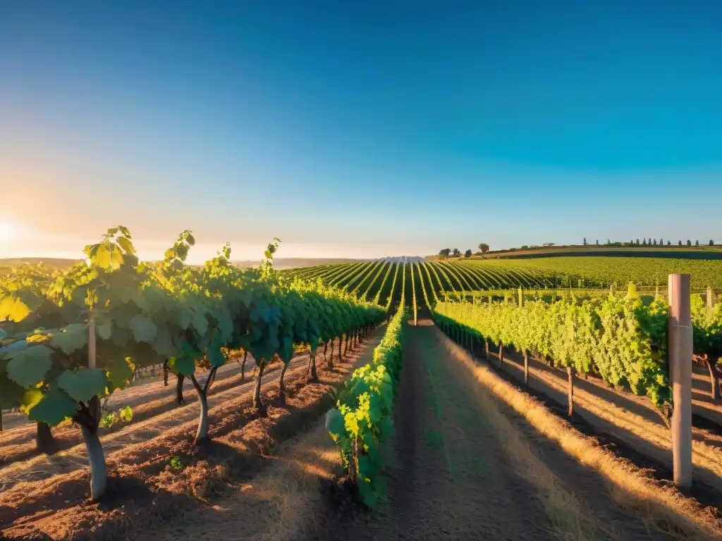 Un viñedo exuberante en Uruguay con trabajadores cosechando uvas al atardecer