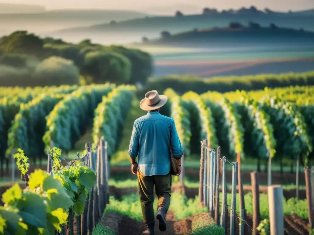 Un viñedo orgánico exuberante en Uruguay, con un agricultor local dedicado en primer plano