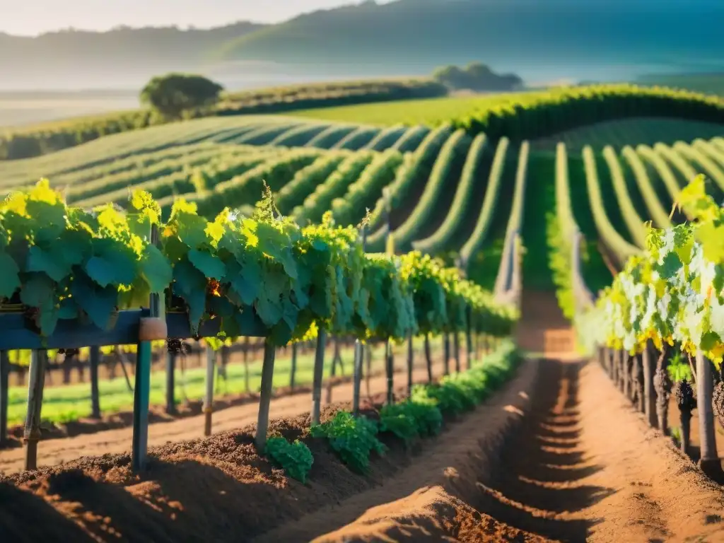 Viñedo orgánico en Uruguay; viñas verdes bajo el sol, abejas revolotean en flores silvestres