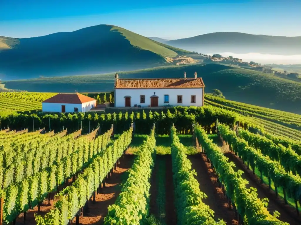 Viñedo pintoresco en la Ruta del Queso y Vino Uruguay: colinas de uvas bajo cielo azul, bodega tradicional y trabajadores