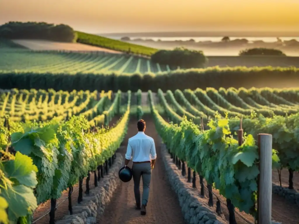 Un viñedo rústico al atardecer en Uruguay, con un bodegón de piedra y un enólogo inspeccionando uvas