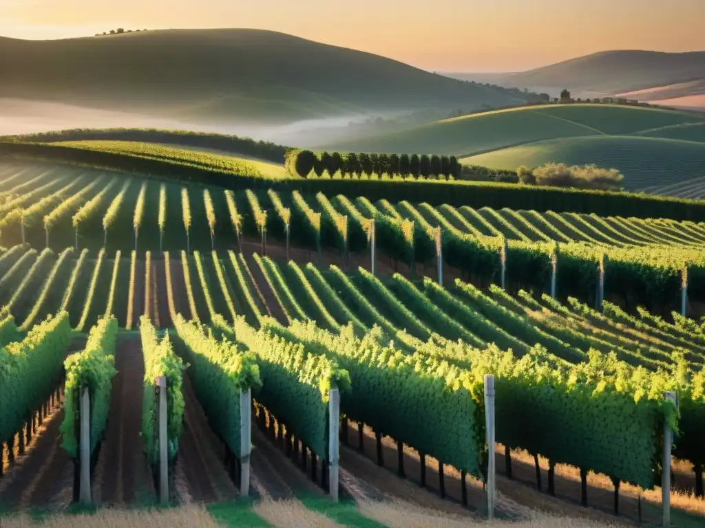 Un viñedo sereno al atardecer en Uruguay con trabajadores, reflejando la belleza de las bodegas y vinos premiados en Uruguay