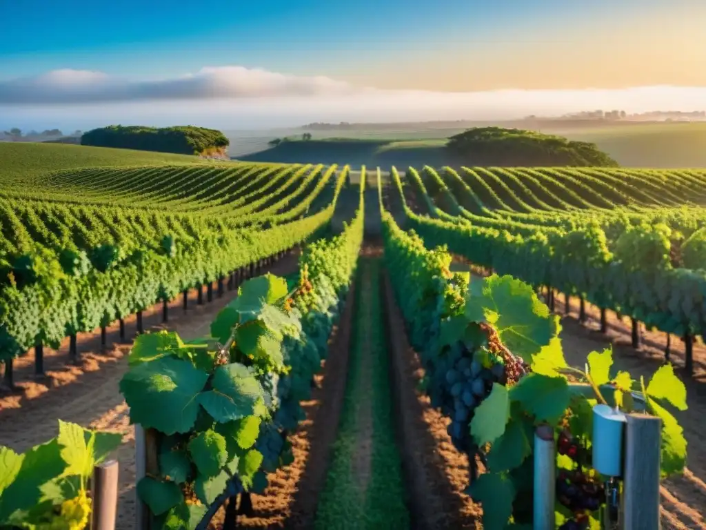 Viñedo sereno al amanecer en Uruguay, con viñedos verdes bajo cielo azul