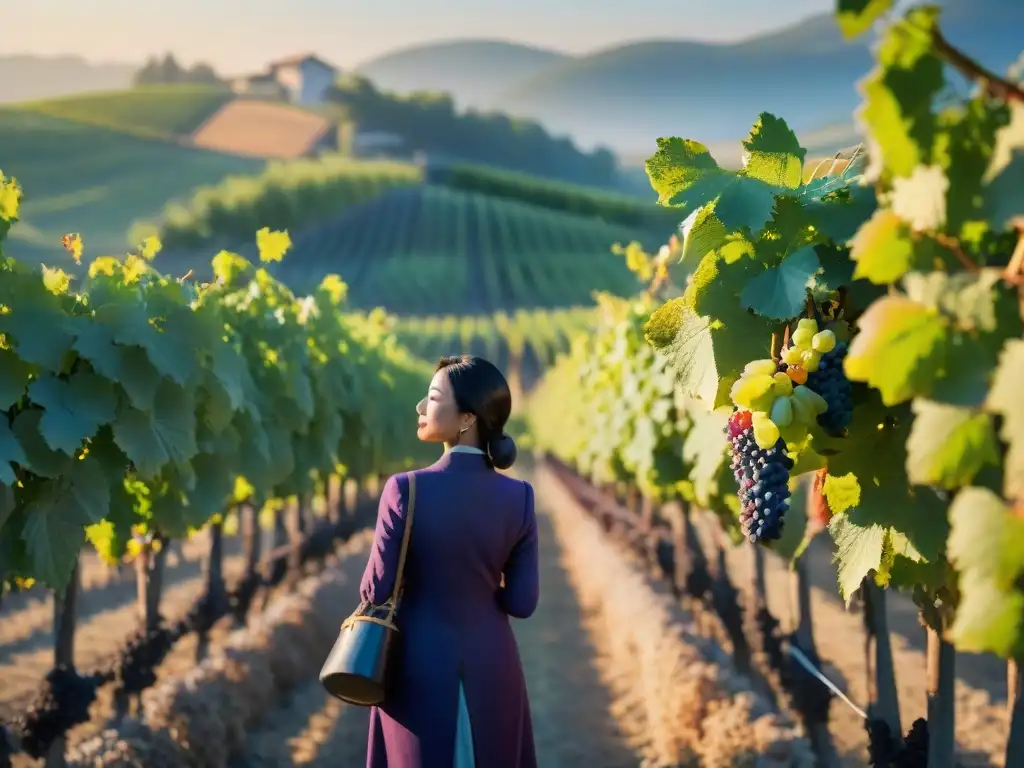 Un viñedo sereno al amanecer, con un viticultor inspeccionando uvas moradas bajo el sol naciente