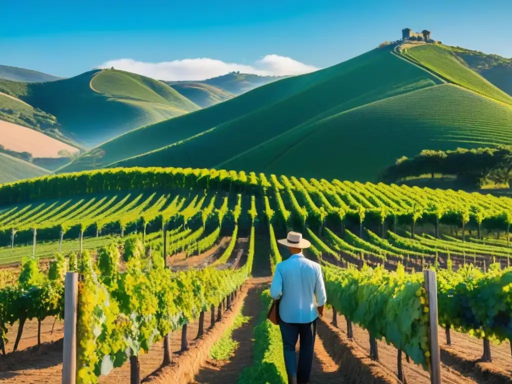 Un viñedo sostenible en Uruguay: agricultor inspecciona uvas entre colinas, transmitiendo armonía y conexión con la naturaleza