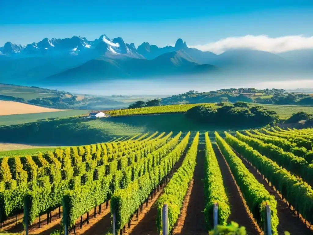 Viñedo sostenible en Uruguay: trabajadores cuidan las vides bajo el cielo azul, con los Andes de fondo