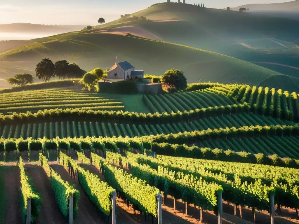 Viñedo tradicional uruguayo al atardecer, con uvas maduras y bodega histórica al fondo