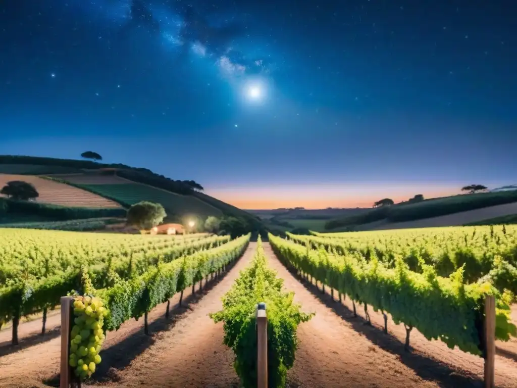 Viñedo uruguayo bajo el cielo estrellado, reflejando la magia de experiencias nocturnas en bodegas Uruguay