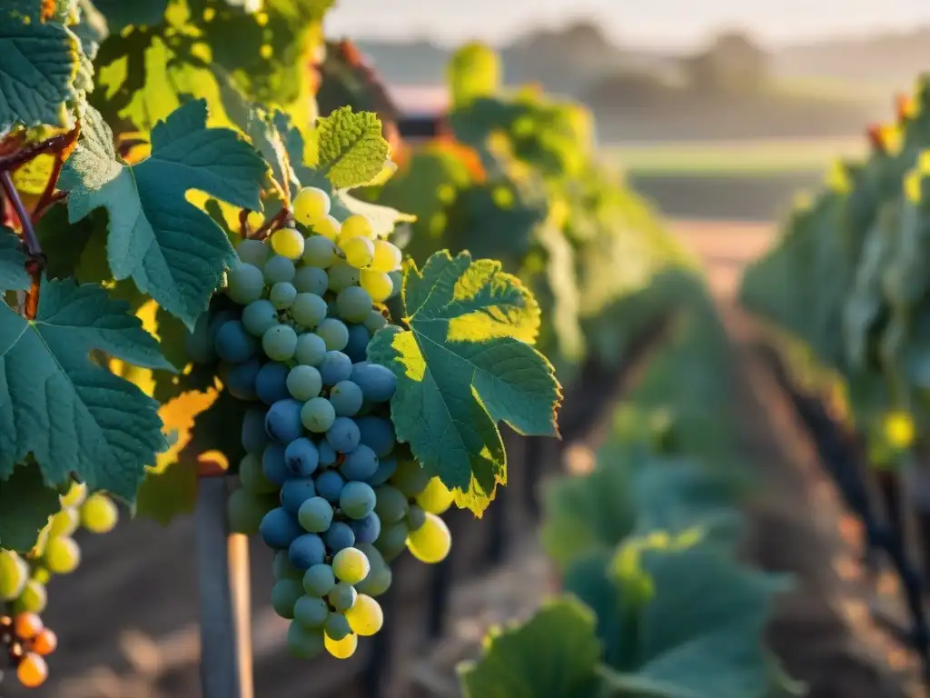 Viñedo uruguayo al amanecer con filas de vides verdes y rocío, detalle de hojas y uvas