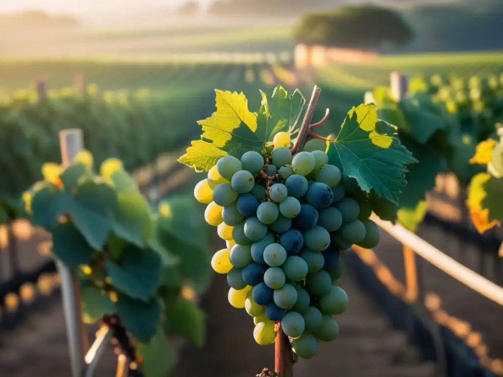 Viñedo en Uruguay al amanecer, con uvas maduras brillando