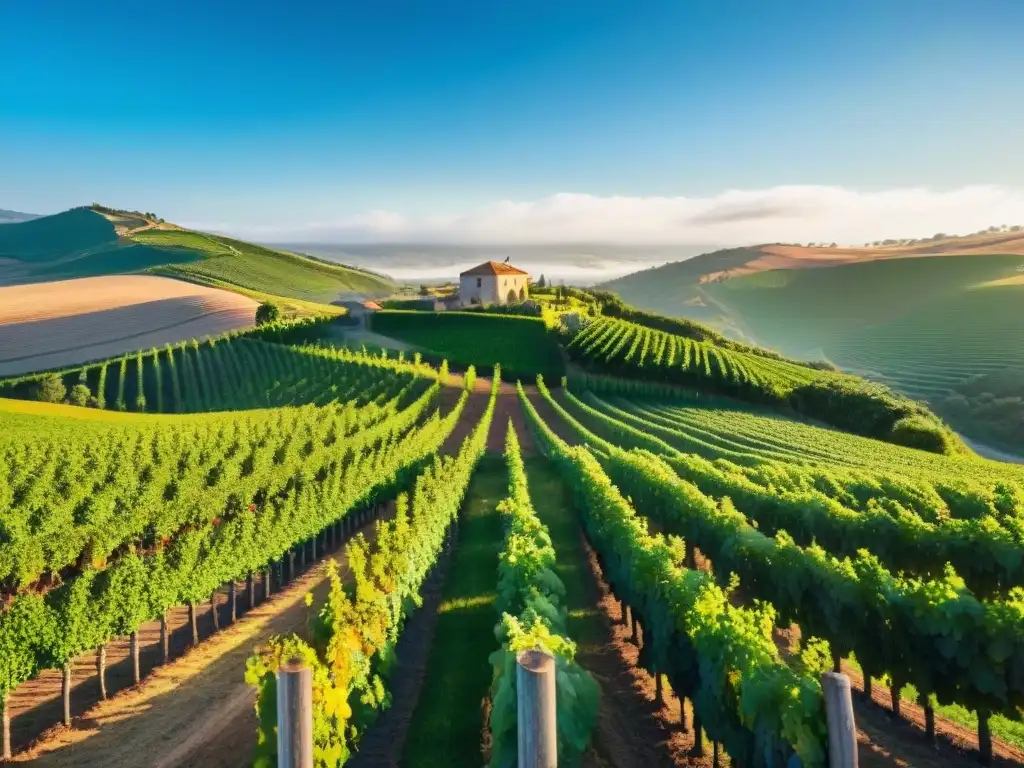 Viñedo verde vibrante en Uruguay, con filas de uvas bajo cielo azul