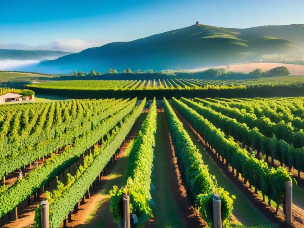 Explorar viñedos en Uruguay al atardecer, con trabajadores cuidando las vides bajo el cálido sol