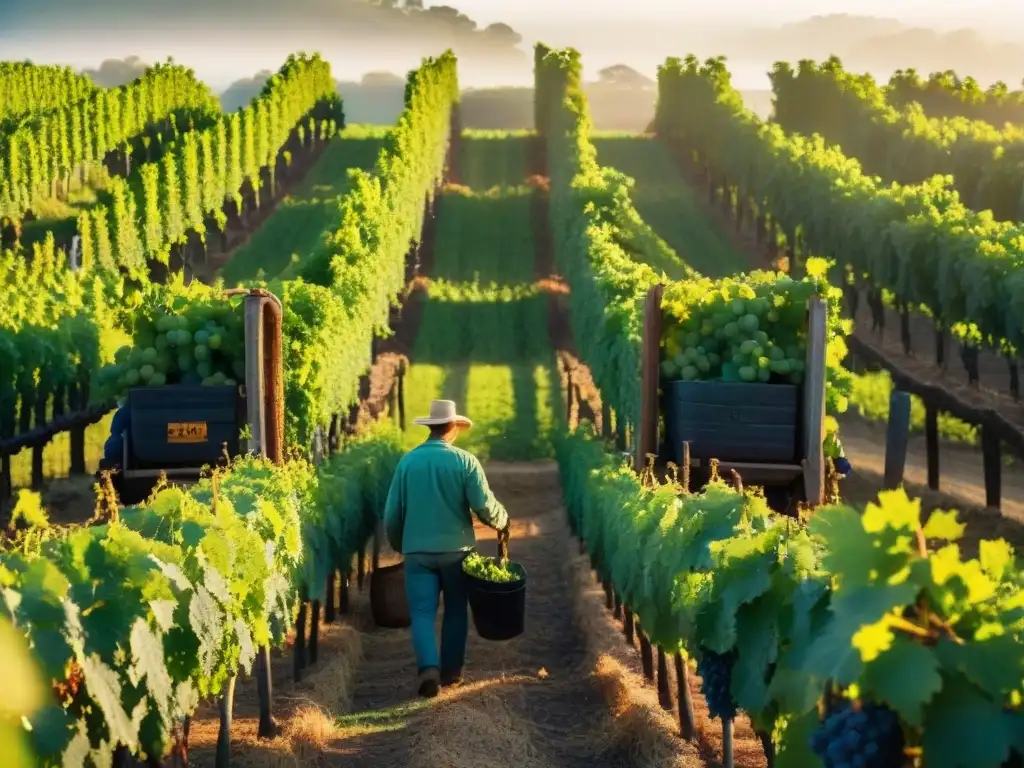 Explorar viñedos Uruguay: guía completa - Cosecha de uvas en viñedo pintoresco de Uruguay, con campesinos trabajando bajo el sol dorado