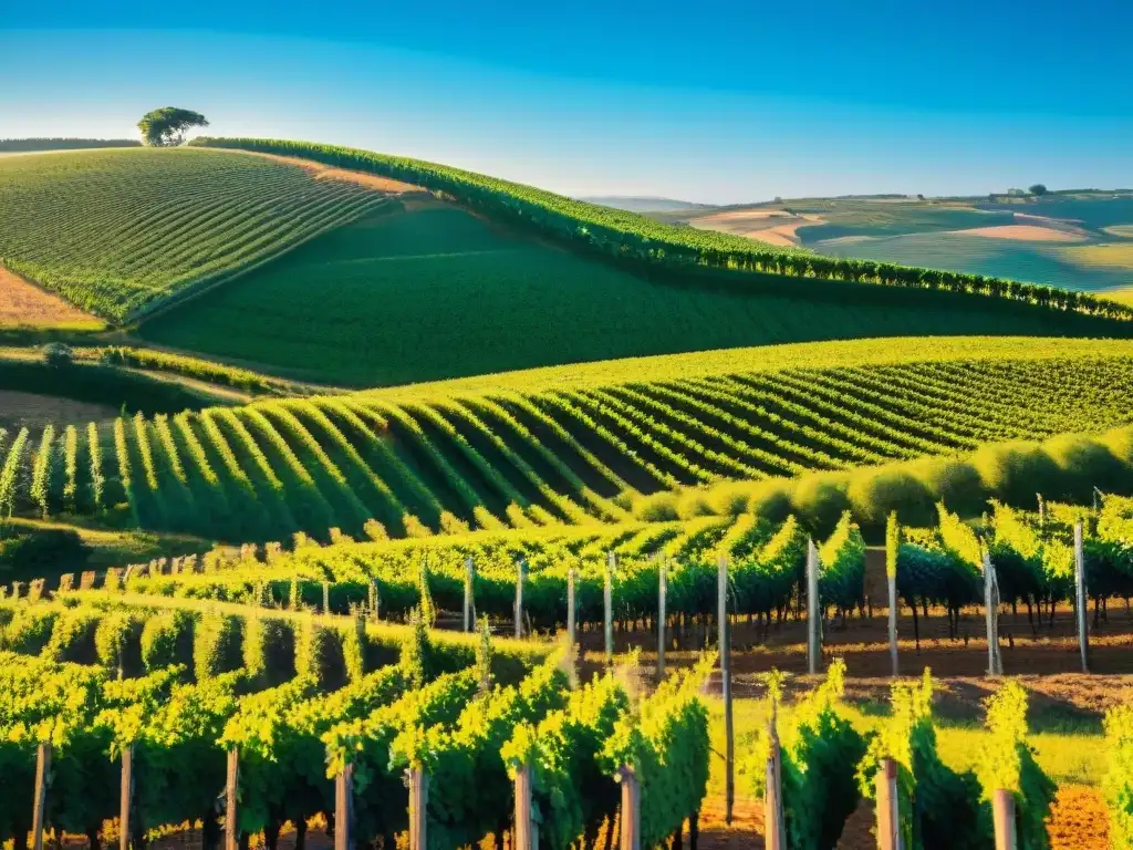 Viñedos exuberantes de Uruguay bajo cielo azul, trabajadores cuidan las uvas