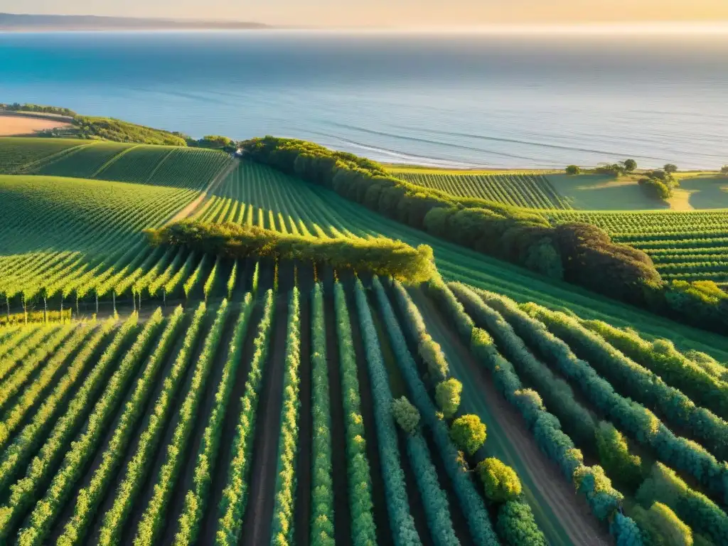 Vinedos verdes y costa de Canelones Uruguay en atardecer, turismo aventura