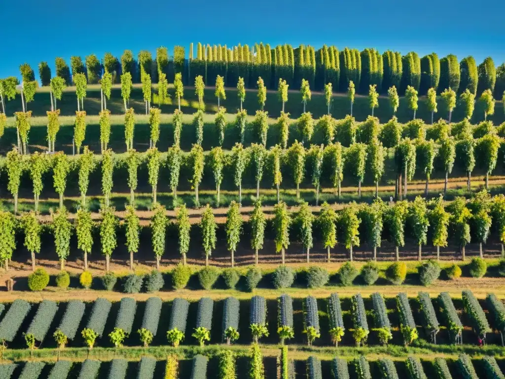 Vinos ecológicos en Uruguay: Viñedo verde con trabajadores cosechando uvas, bodega moderna y paneles solares