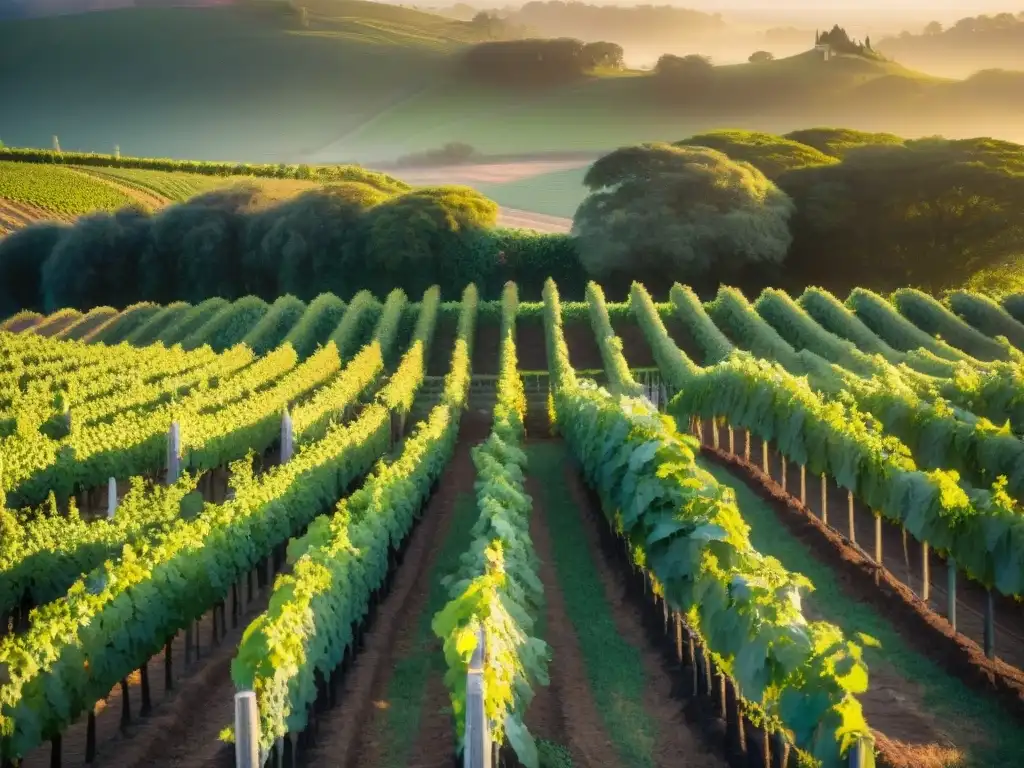 Vinos ecológicos en Uruguay: Viñedo al atardecer con trabajadores cuidando las plantas bajo la luz dorada