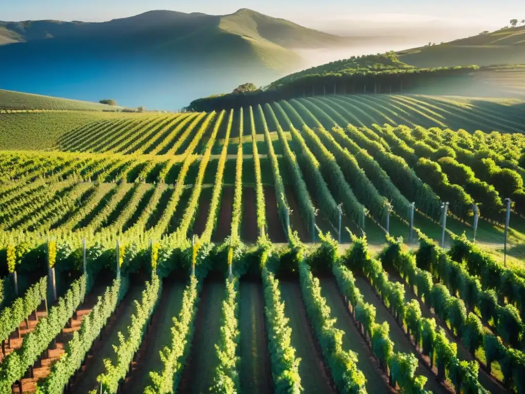 Vinos orgánicos biodinámicos en Uruguay: un viñedo exuberante bañado por la luz dorada, con uvas y hojas verdes vibrantes bajo el cielo azul