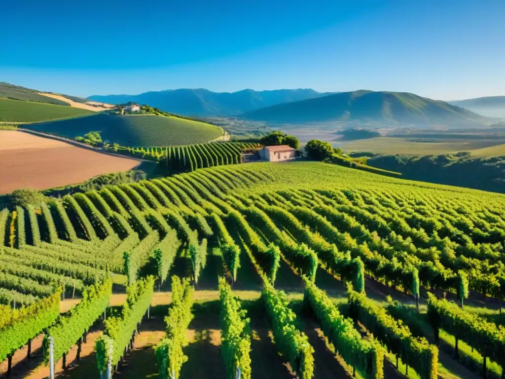 Vinos premiados bodegas Uruguay: Viñedos exuberantes bajo cielo azul, con bodega tradicional en medio y paisaje sereno