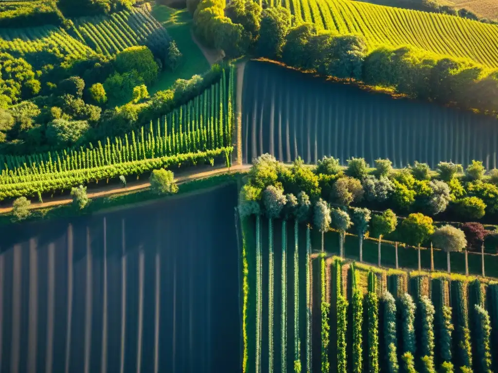 Vinos uruguayos recomendados para comprar: Viñedos exuberantes bajo el cálido sol del atardecer, en una bodega tradicional