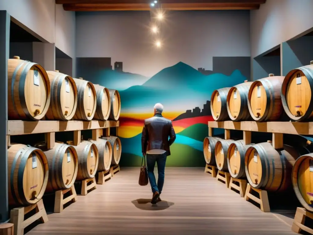 Visitantes admirando arte urbano en bodegas uruguayas: cultura, vino y tradición fusionados