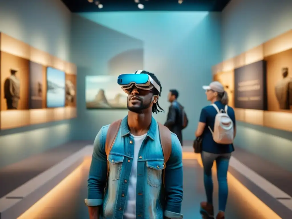 Visitantes en museo uruguayo usando gafas de realidad aumentada, asombrados ante artefactos antiguos con elementos virtuales superpuestos