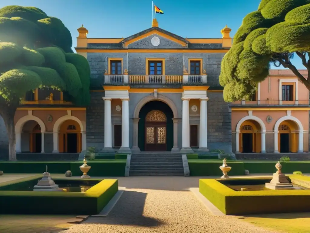 Visitantes en trajes de época ingresan al Museo Casa Vilamajó en Uruguay, resaltando su arquitectura detallada