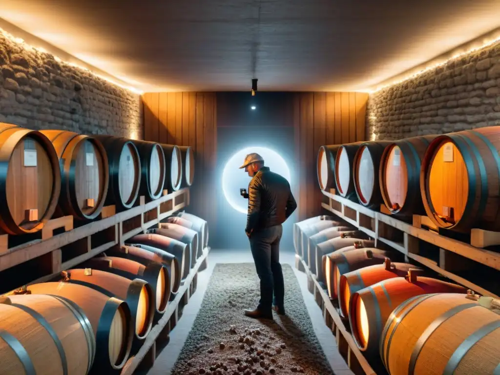 Visitas a bodegas en Uruguay: Moderna bodega de vinos con barricas de roble, tecnología avanzada y un enólogo tradicional inspeccionando