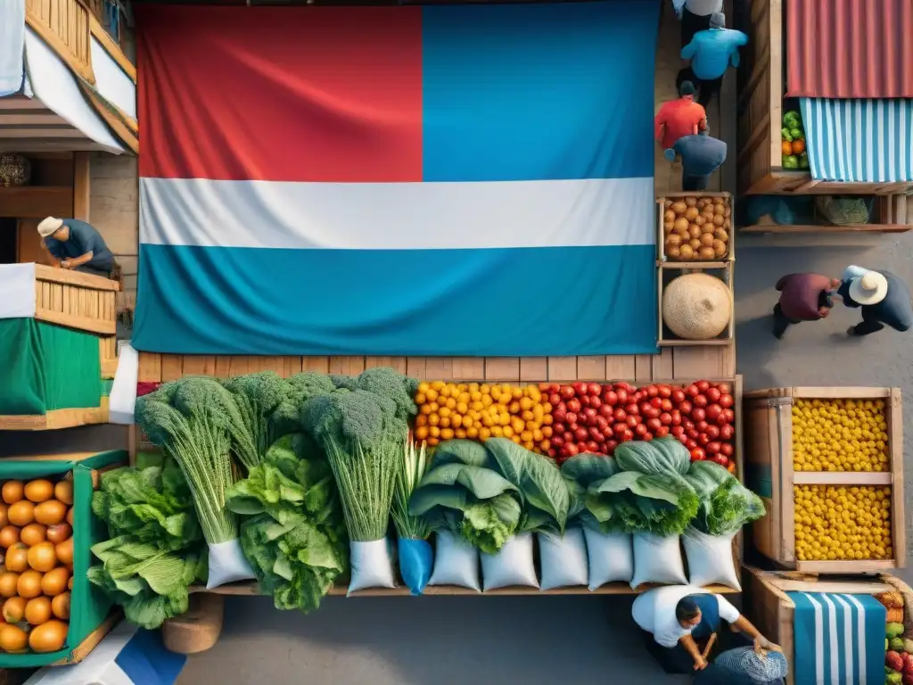 Vista aérea de un animado mercado en Uruguay, con colores vibrantes y artesanos locales