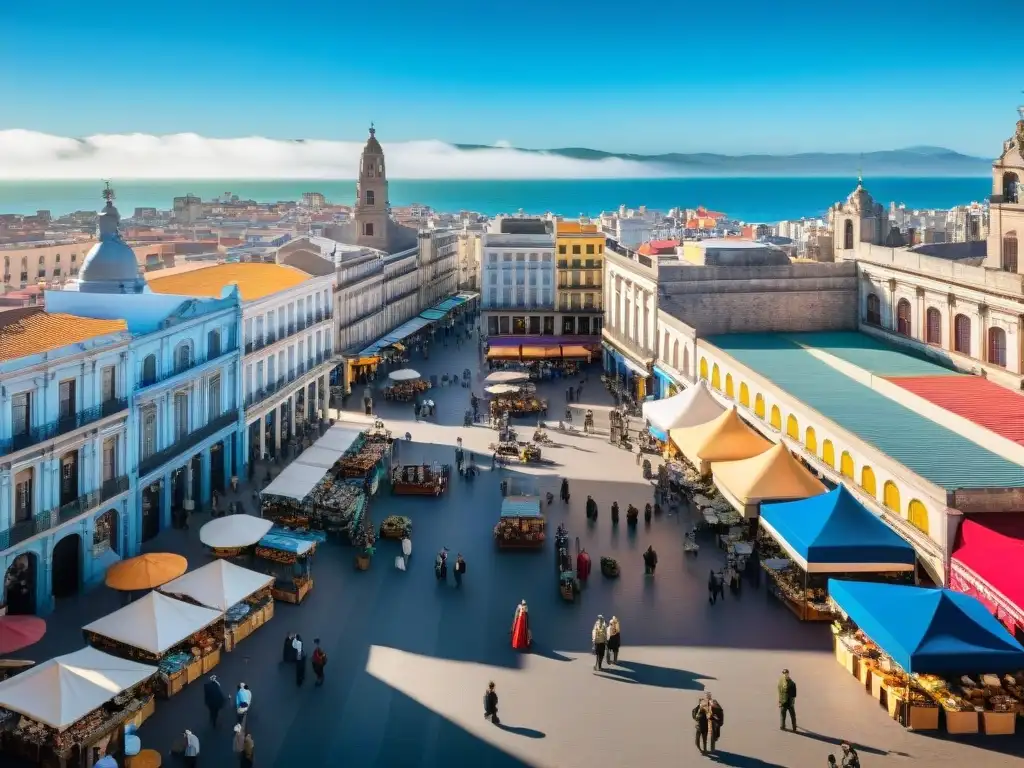 Vista aérea de un animado mercado en Montevideo, con coloridos puestos de aventura y compradores entusiastas