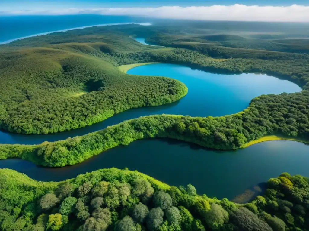 Vista aérea asombrosa de paisajes de Uruguay: ríos, bosques y praderas bajo cielo azul