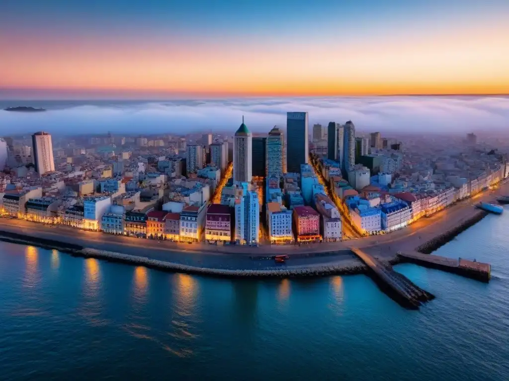 Vista aérea de Montevideo al atardecer, con su skyline, costa brillante y sol dorado, creando una escena de ensueño