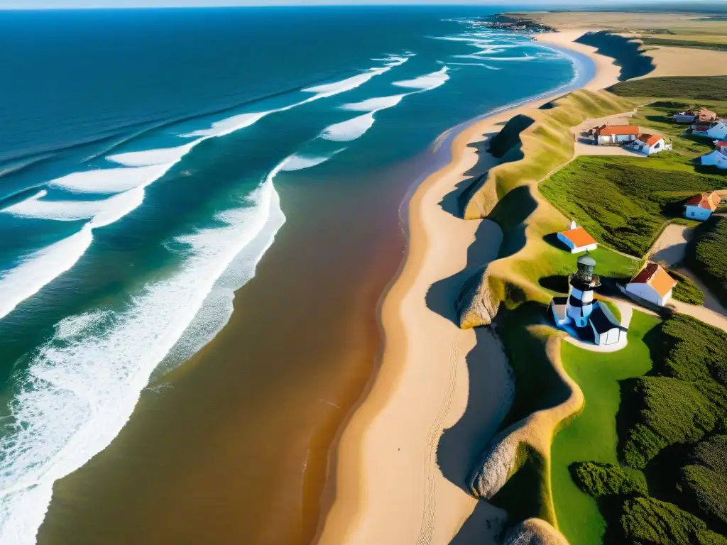 Vista aérea de Cabo Polonio, costa de Uruguay con faro y dunas, ideal para curso dron fotografía paisajes Uruguay