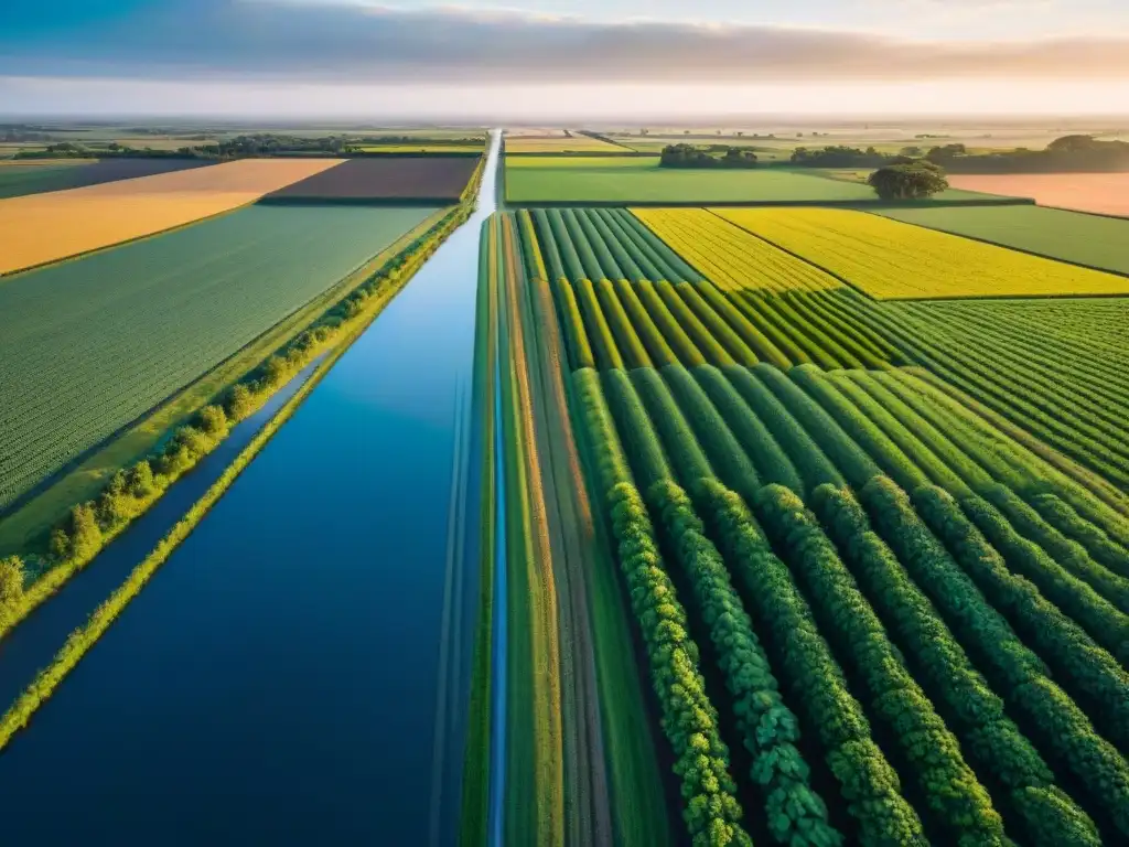 Vista aérea de campos agrícolas en Uruguay durante la hora dorada resaltando patrones y simetría