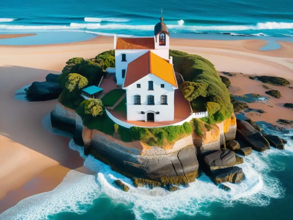 Vista aérea de Casapueblo en Punta Ballena al atardecer, resaltando su arquitectura única y el mar