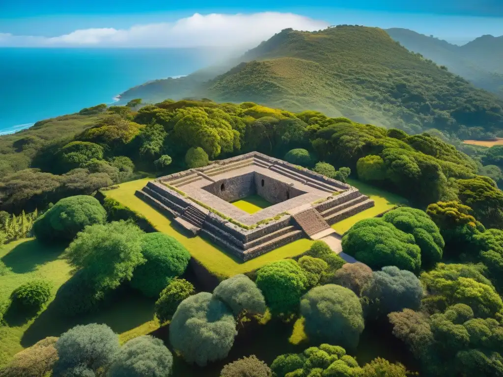 Vista aérea de El Cerrito de los Indios, centros ceremoniales indígenas Uruguay, fusionando piedras antiguas con la naturaleza exuberante