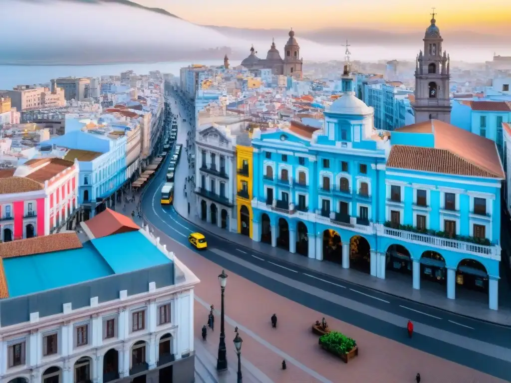 Vista aérea de la Ciudad Vieja de Montevideo, resaltando su arquitectura colonial y plazas llenas de vida