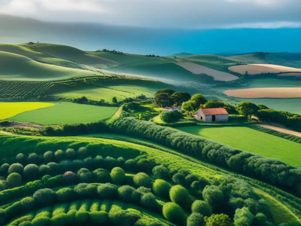 Vista aérea de colinas verdes en Uruguay con un encantador pueblo rural