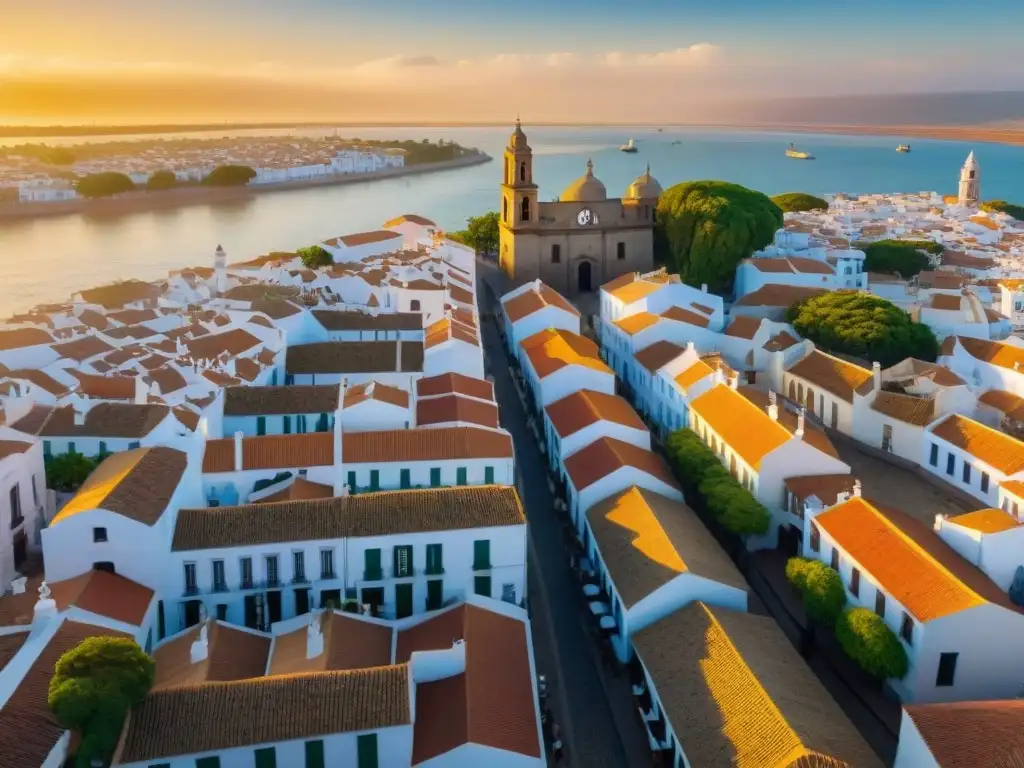 Vista aérea de Colonia del Sacramento con su arquitectura colonial, Rio de la Plata y turistas, en Realidad Aumentada en Colonia del Sacramento