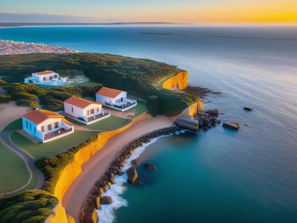 Vista aérea de la costa de Punta del Este con Casa Pueblo al atardecer