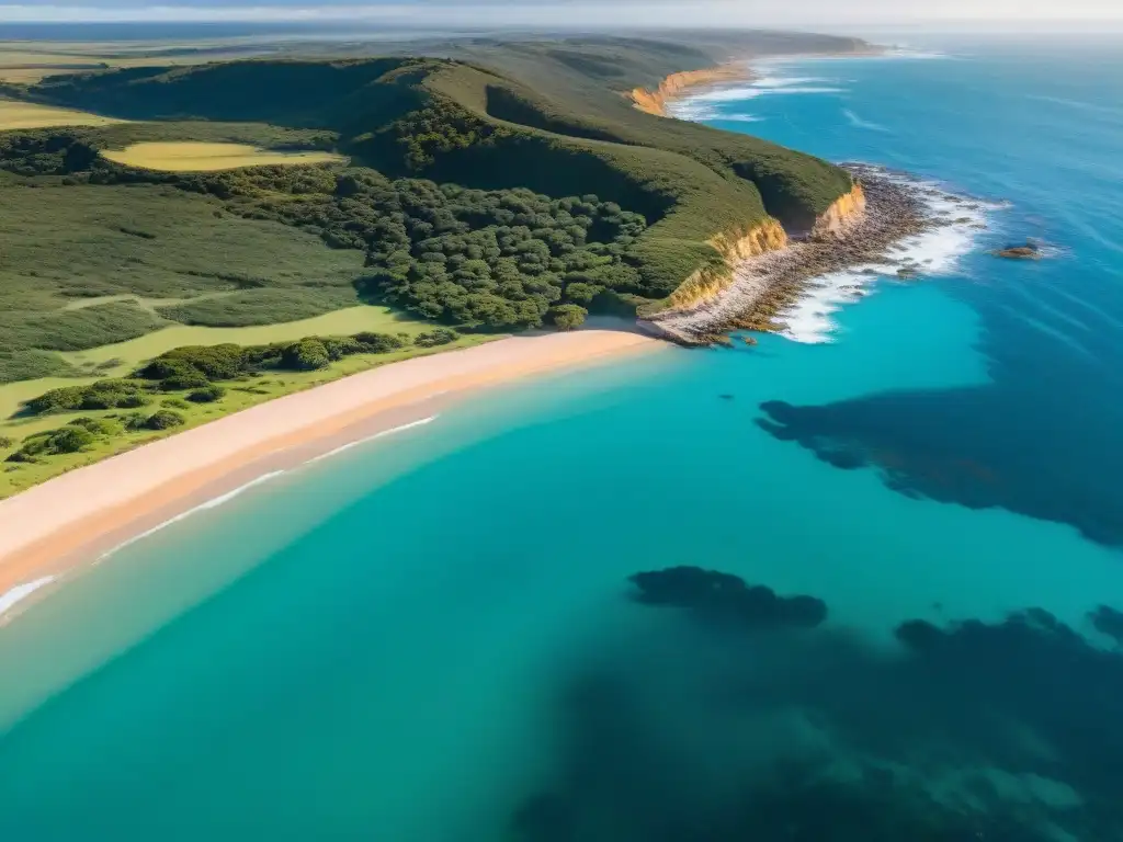 Vista aérea de la costa uruguaya: aguas turquesas, playas doradas y acantilados, en un recorrido aéreo virtual Costa Uruguaya