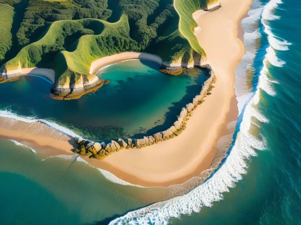 Vista aérea de la costa uruguaya: aguas azules, playas doradas y vegetación exuberante