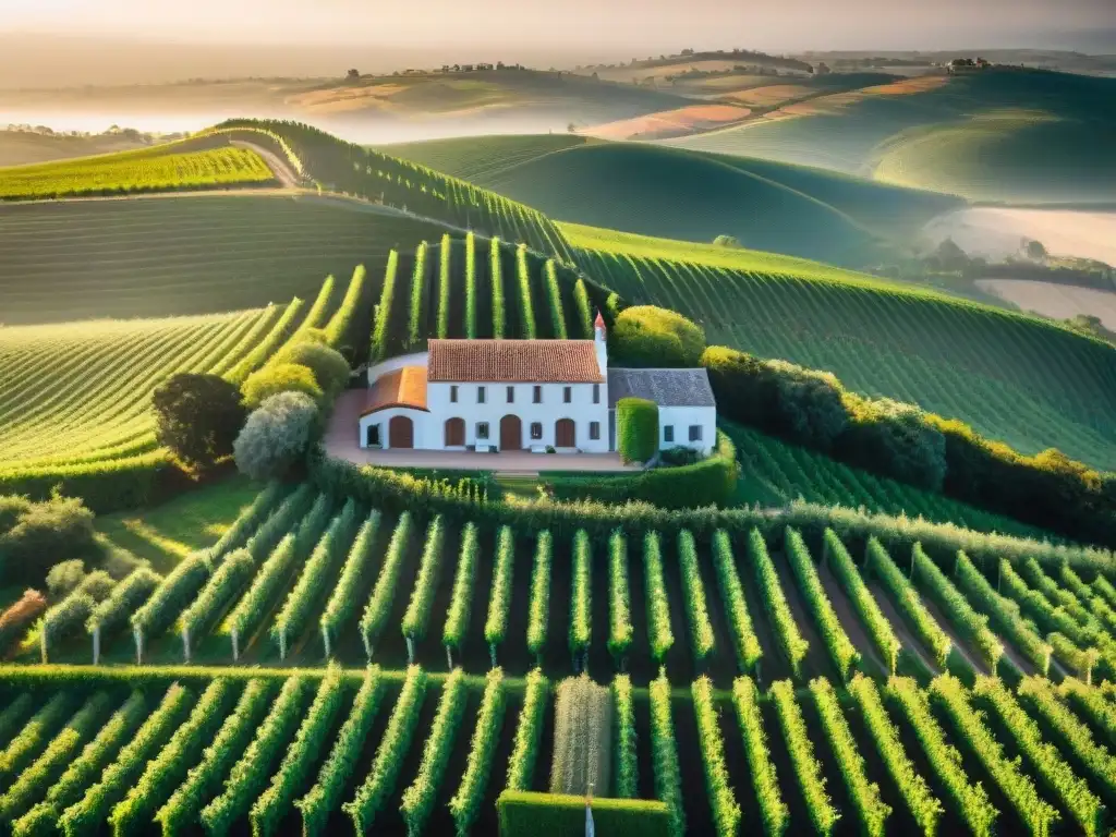 Vista aérea detallada de Bodega Garzón en Uruguay con viñedos verdes y puesta de sol dorada