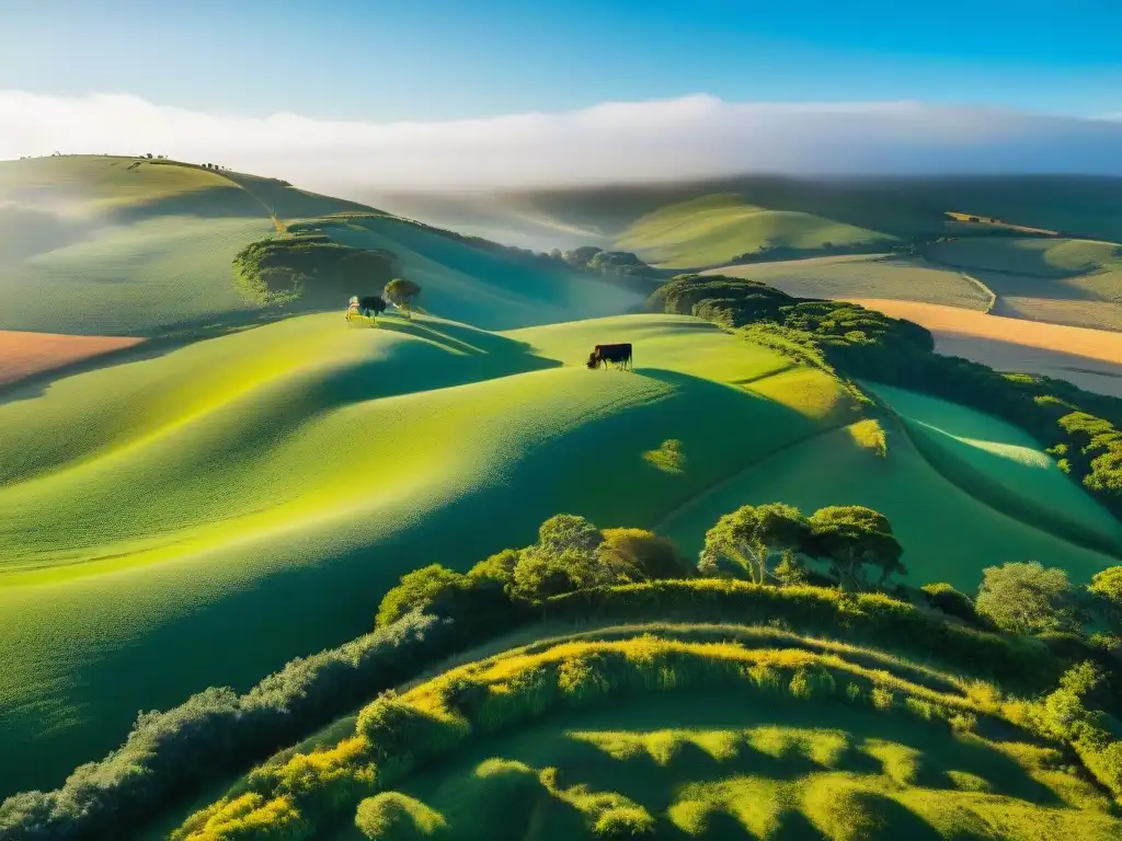 Vista aérea de estancias uruguayas en verdes colinas