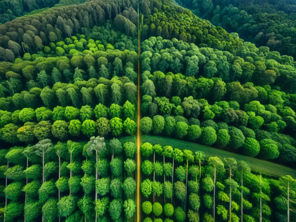 Vista aérea de exuberante bosque verde en Uruguay con luz solar filtrándose, destacando proyectos reforestación bosques Uruguay